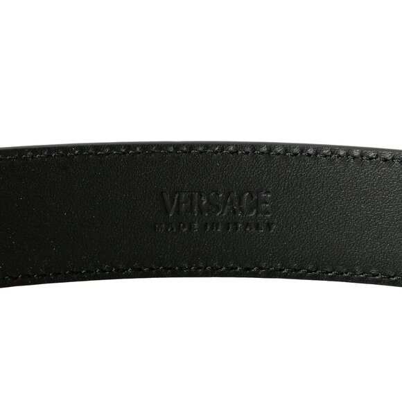 Versace Black 100% Leather Silver Medusa Head Logo Decorated Belt US 34 IT 85
